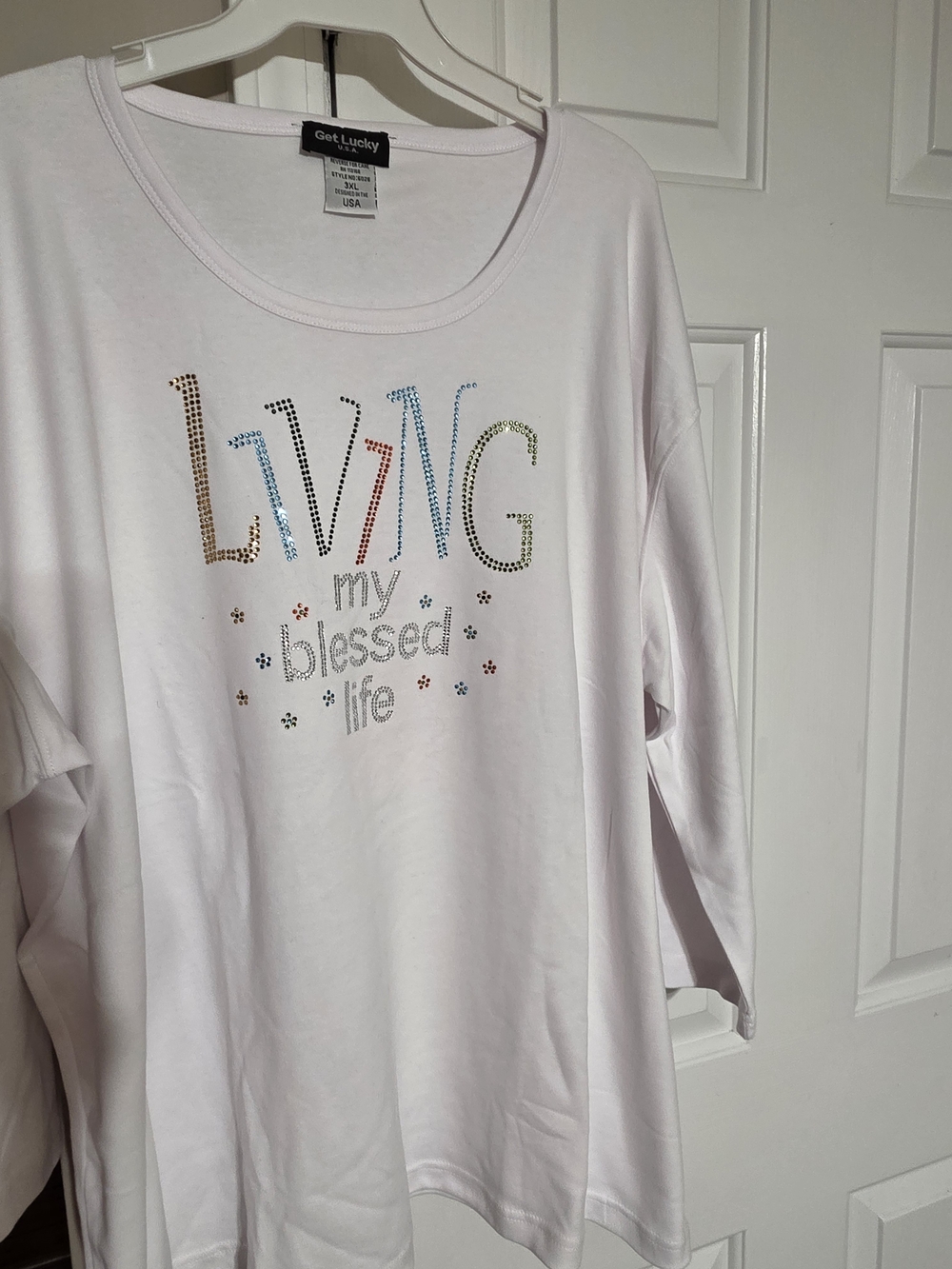 Get Lucky White Tee with Blue Rhinestone Accent